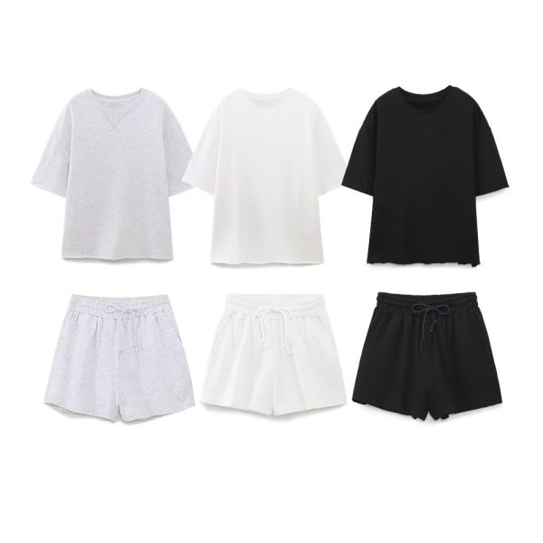 Summer Women Stretch High Waist Shorts   Loose Cotton Short Sleeve T shirt