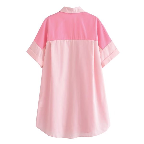 Collared Single Breasted Cuff Pinch Pleated Curved Hem Slit on Both Sides Women Loose Shirt