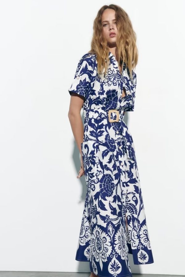 Women  Printed Midi Skirt Short Sleeved Shirt Dress Long Dress