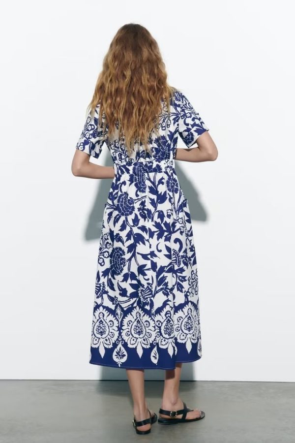 Women  Printed Midi Skirt Short Sleeved Shirt Dress Long Dress