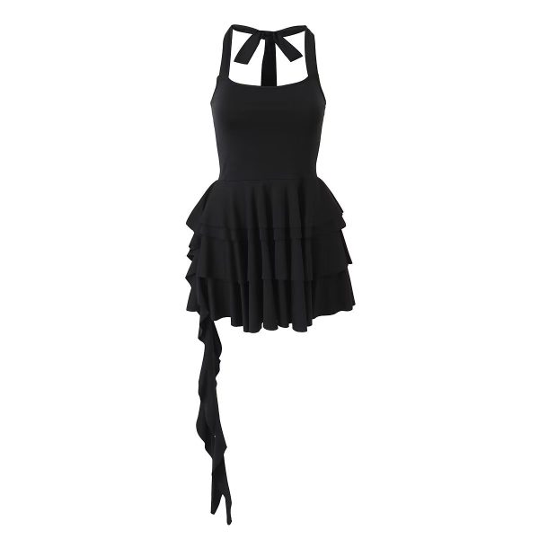 Ballet Girl Ruffled Ribbon Stitching Solid Color Tube Top Dress Casual Midi Dress