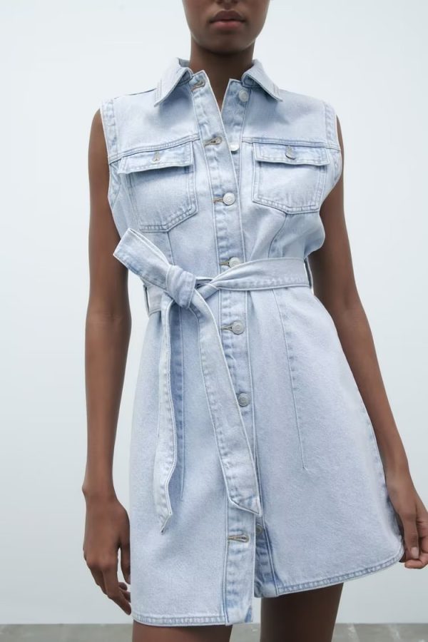 Shirt Collar Vest Dress Sleeveless Straight Slim Fit With Belt Denim Dress