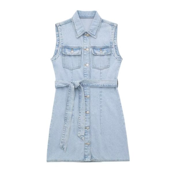 Shirt Collar Vest Dress Sleeveless Straight Slim Fit With Belt Denim Dress