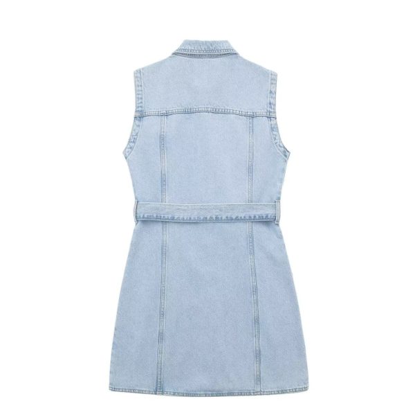 Shirt Collar Vest Dress Sleeveless Straight Slim Fit With Belt Denim Dress