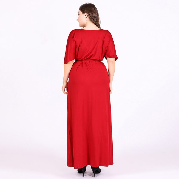 Plus Size Women   Red Formal Dress Deep V-neck Short Sleeve High Waist Lace-up Sexy Dress