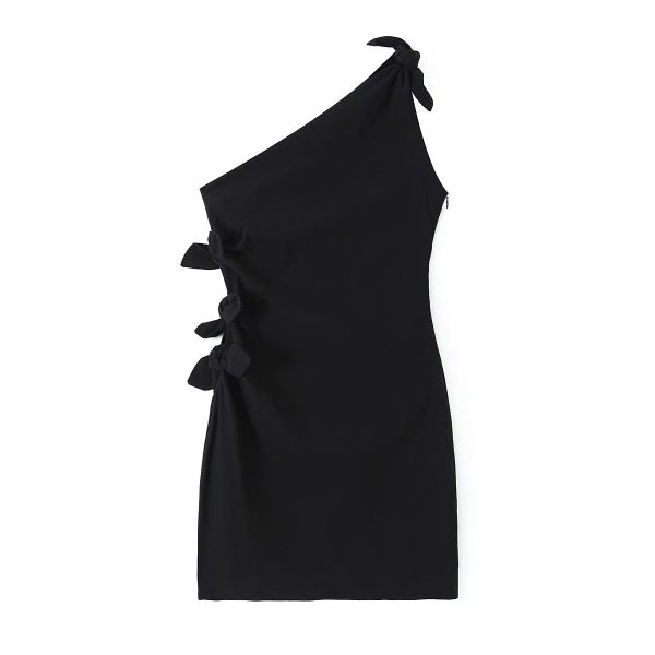 Summer French Black Dress One Shoulder Asymmetric Design A Line Bow Tie Short Dress