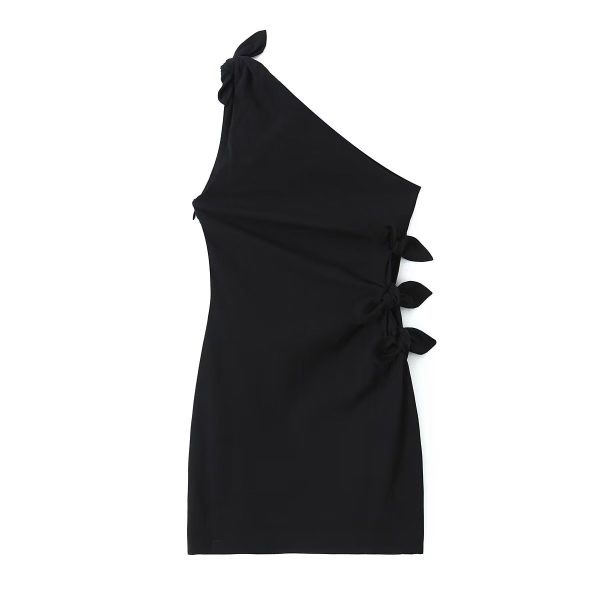 Summer French Black Dress One Shoulder Asymmetric Design A Line Bow Tie Short Dress