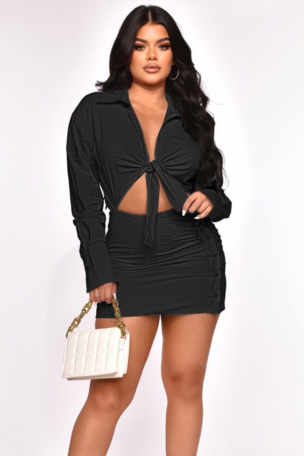 Women Clothing Spring Summer Cutout out Tied One Piece Breasted Hip Shirt Dress