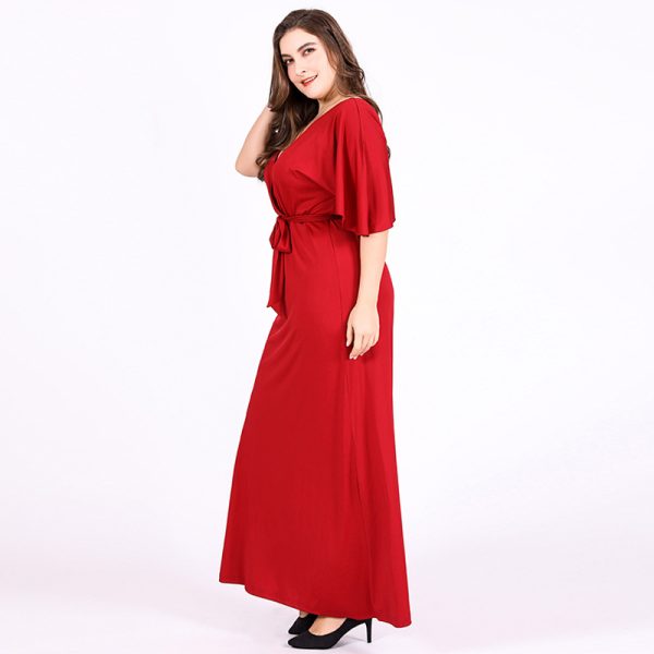 Plus Size Women   Red Formal Dress Deep V-neck Short Sleeve High Waist Lace-up Sexy Dress