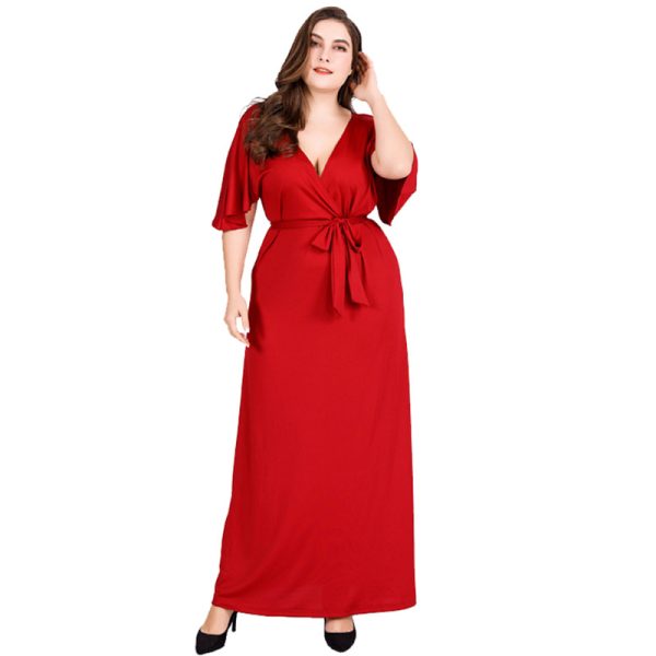 Plus Size Women   Red Formal Dress Deep V-neck Short Sleeve High Waist Lace-up Sexy Dress