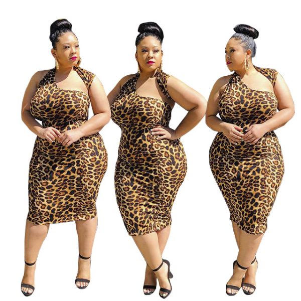 Plus Size Summer Leopard Print Irregular Asymmetric Collar Sexy Dress