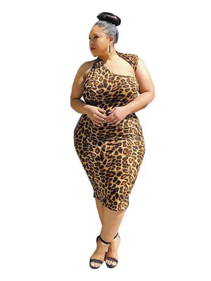 Plus Size Summer Leopard Print Irregular Asymmetric Collar Sexy Dress