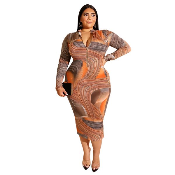 Plus Size Printed Skinny Sheath Zipper Front Back Wearable  Dress