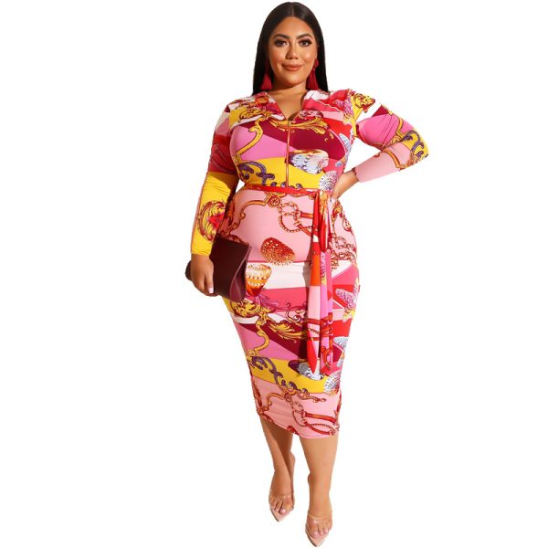 Plus Size Printed Skinny Sheath Zipper Front Back Wearable  Dress