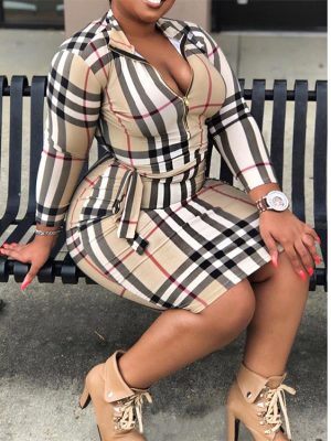 Plus Size Autumn  Women Clothes Slim Fit Tight Waist Hip Plaid  Dress