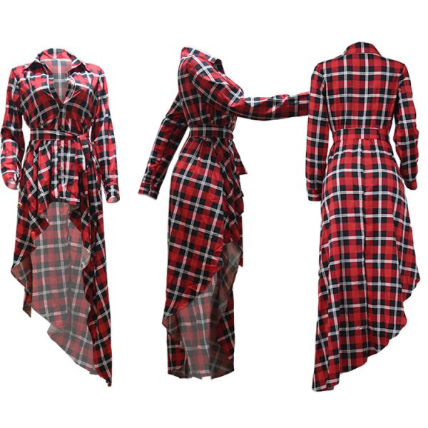 Plus Size Women Clothes Sexy Lacing Irregular Asymmetric Hem Large Long Plaid Shirtdress