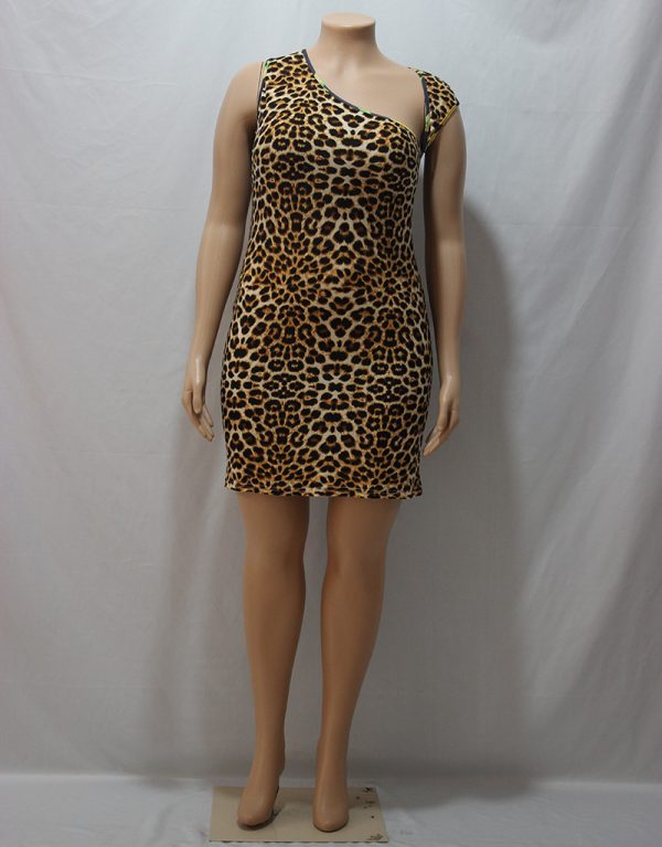 Plus Size Summer Leopard Print Irregular Asymmetric Collar Sexy Dress