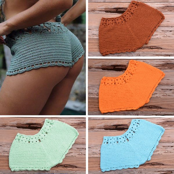 Handmade Beach Solid Color Short Swimming Trunks Sexy Cutout Hand Crocheting Cotton Sunscreen