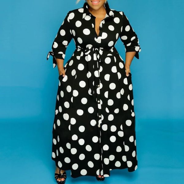 Plus Size Shirt Long Sleeve Dotted Prints Dress