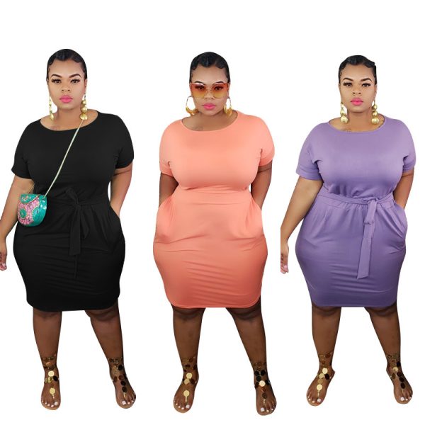 Plus Size Solid Color Slim Fit Tight Hip  Women Dress with Belt