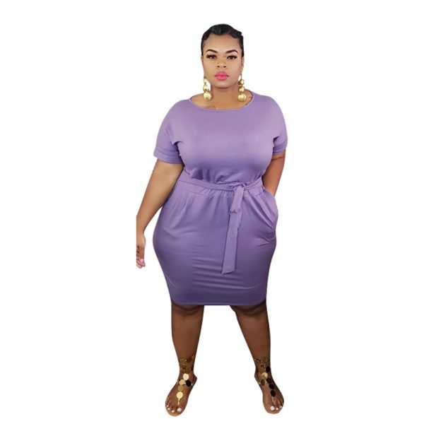 Plus Size Solid Color Slim Fit Tight Hip  Women Dress with Belt