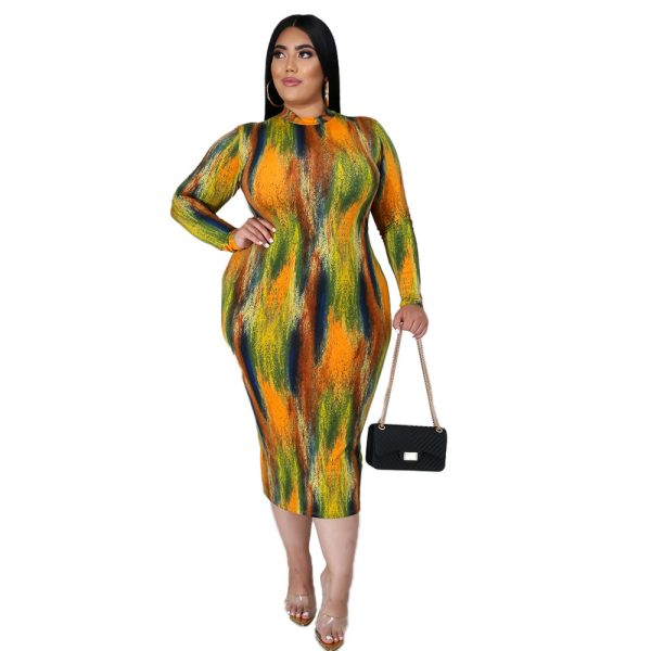 Plus Size Plus Size Sexy Women Wear Turtleneck Long Sleeve Slim Tie-Dye Printed Midi Dress for Women