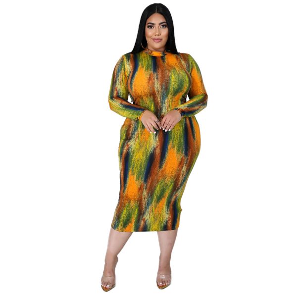 Plus Size Plus Size Sexy Women Wear Turtleneck Long Sleeve Slim Tie-Dye Printed Midi Dress for Women