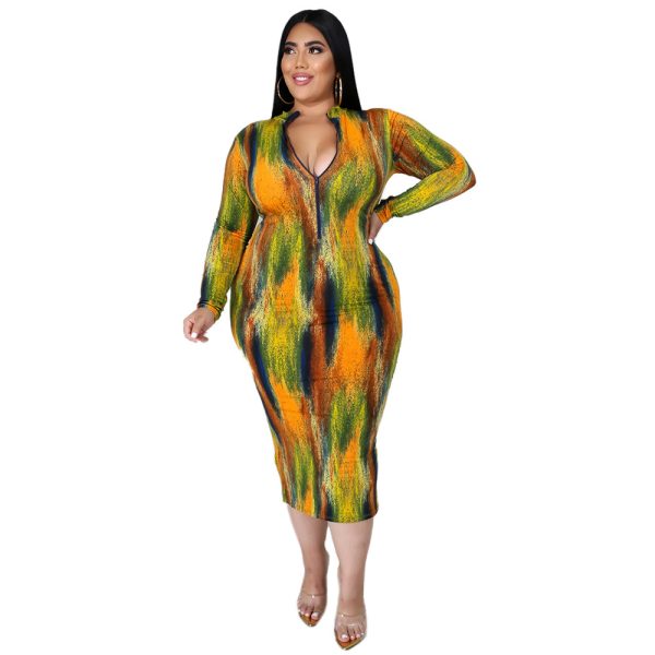 Plus Size Plus Size Sexy Women Wear Turtleneck Long Sleeve Slim Tie-Dye Printed Midi Dress for Women