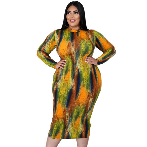 Plus Size Plus Size Sexy Women Wear Turtleneck Long Sleeve Slim Tie-Dye Printed Midi Dress for Women