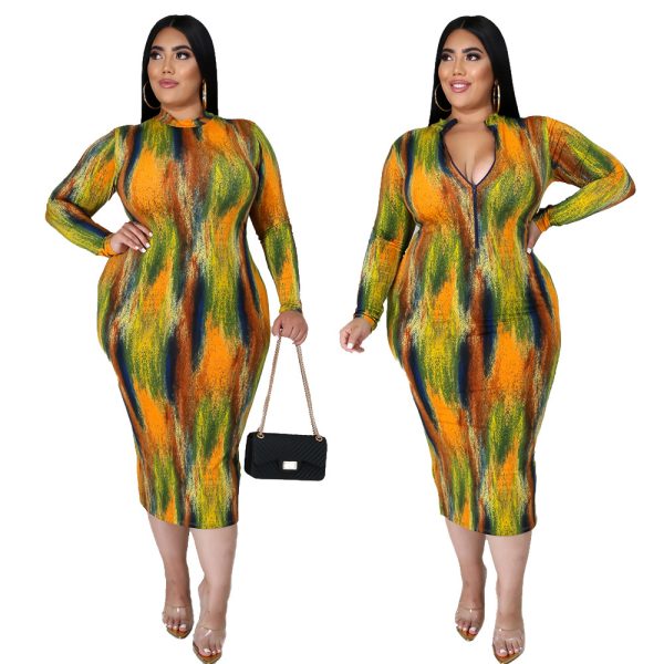 Plus Size Plus Size Sexy Women Wear Turtleneck Long Sleeve Slim Tie-Dye Printed Midi Dress for Women