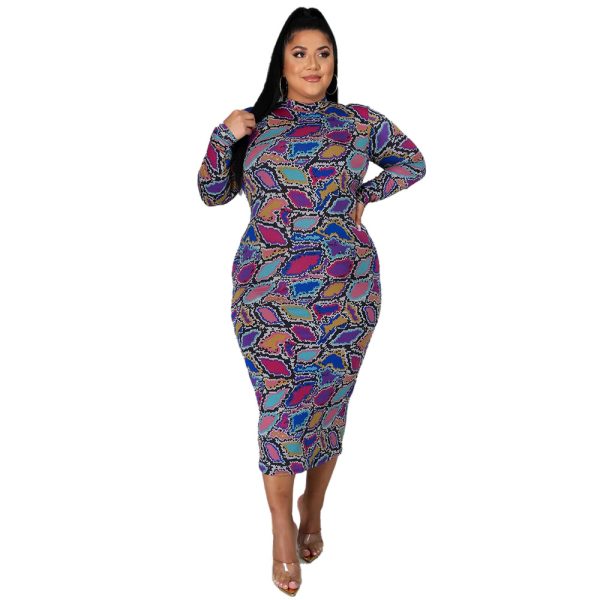 Plus Size Fall Winter Long Sleeve Turtleneck Irregular Asymmetric Plaid Printed Slim-Fit Sexy Women Dress