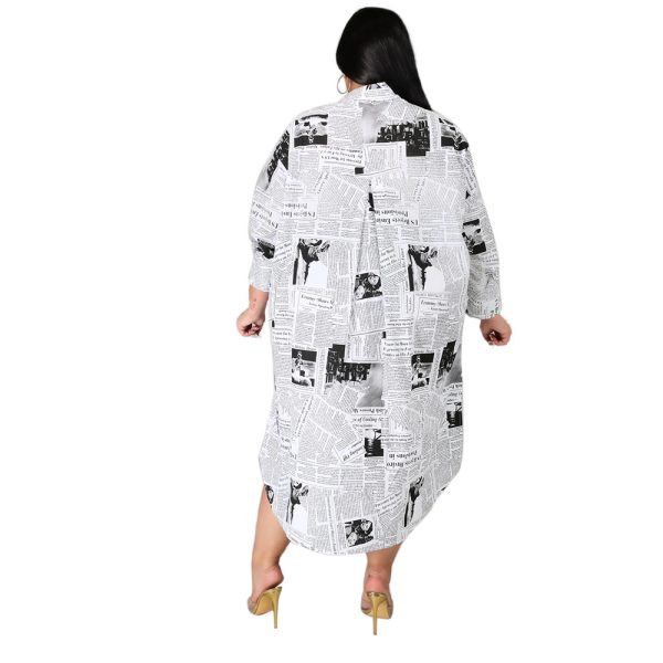 Plus Size Fall/Winter Plus Size Women Clothing Woman Collared Newspaper Printing Irregular Asymmetric Women Shirt Dress