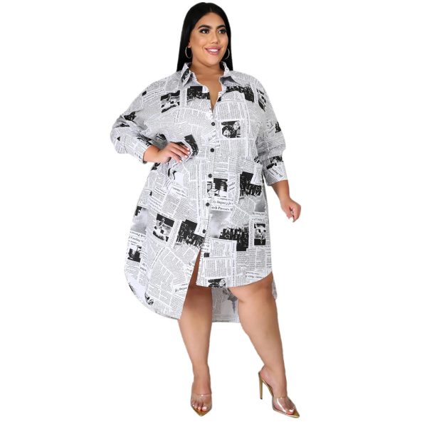 Plus Size Fall/Winter Plus Size Women Clothing Woman Collared Newspaper Printing Irregular Asymmetric Women Shirt Dress