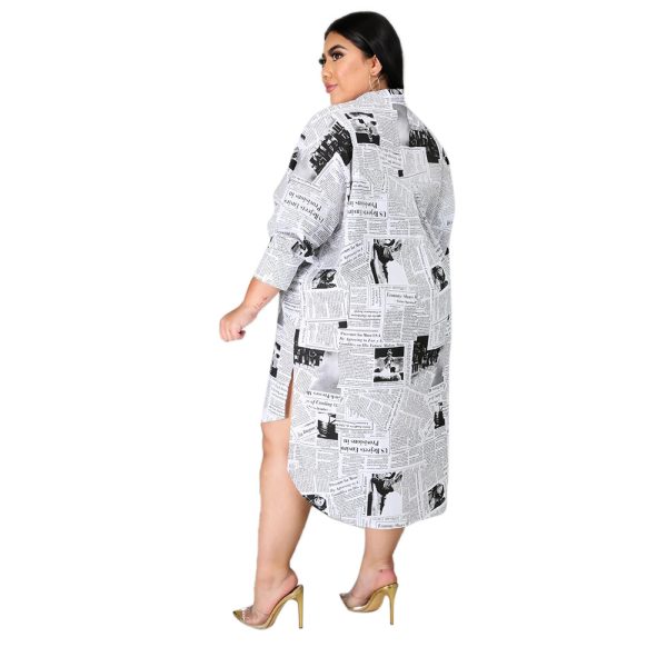 Plus Size Fall/Winter Plus Size Women Clothing Woman Collared Newspaper Printing Irregular Asymmetric Women Shirt Dress