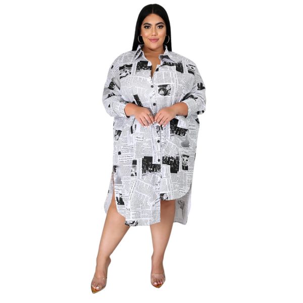 Plus Size Fall/Winter Plus Size Women Clothing Woman Collared Newspaper Printing Irregular Asymmetric Women Shirt Dress