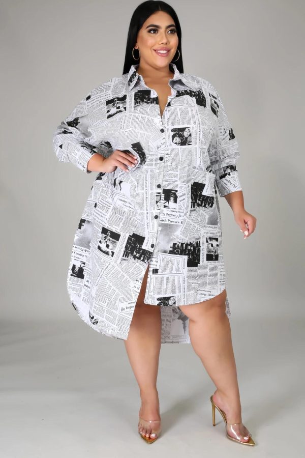 Plus Size Fall/Winter Plus Size Women Clothing Woman Collared Newspaper Printing Irregular Asymmetric Women Shirt Dress