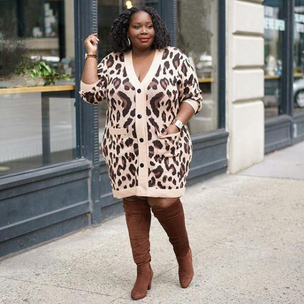 Plus Size Leopard Print Contrast Color Long Sleeves  Dress Coat