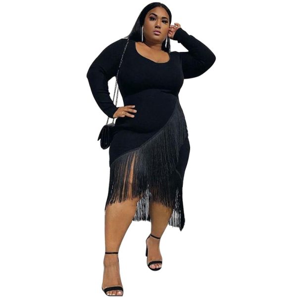 Plus Size Women Sexy Solid Color Long Sleeve Tassel Sexy Dress Nightclub Dress