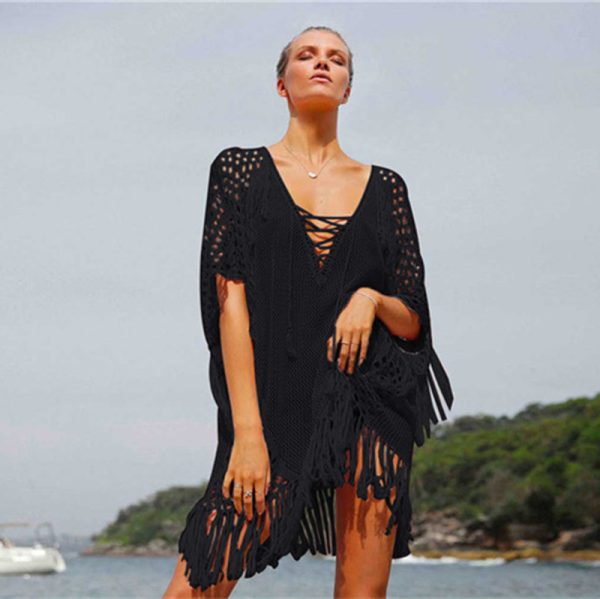 Knitted Tassel Beach Cover-up Sexy Knitted Holiday Sun Protection Shirt Seaside Bikini Swimsuit Blouse