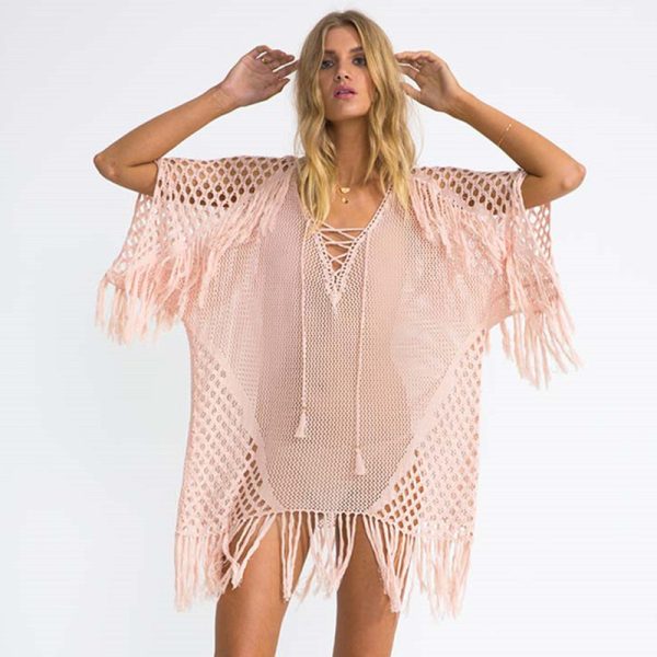 Knitted Tassel Beach Cover-up Sexy Knitted Holiday Sun Protection Shirt Seaside Bikini Swimsuit Blouse