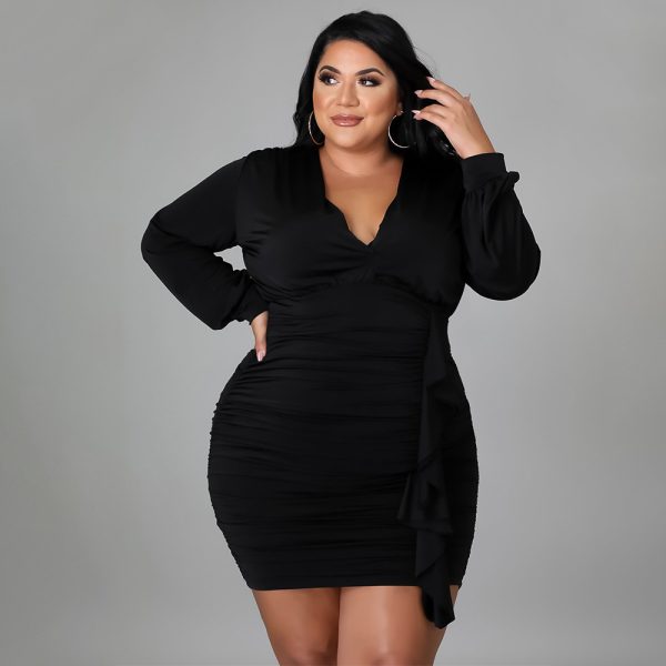 Plus Size New Arrival  Women Clothing Solid Color Pleated Sexy Sheath  Dress