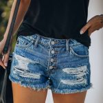 Slimming Printed Ripped One Breasted Denim Shorts Women Clothing  New