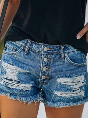 Slimming Printed Ripped One Breasted Denim Shorts Women Clothing  New