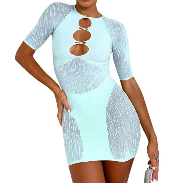 Women Mesh Stitching Transparent Hollow Out Cutout Dress Diamond Sexy Sexy Hip Dress