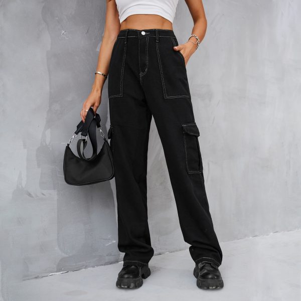 Retro Elastic Waist Denim Overalls Casual Pants Women