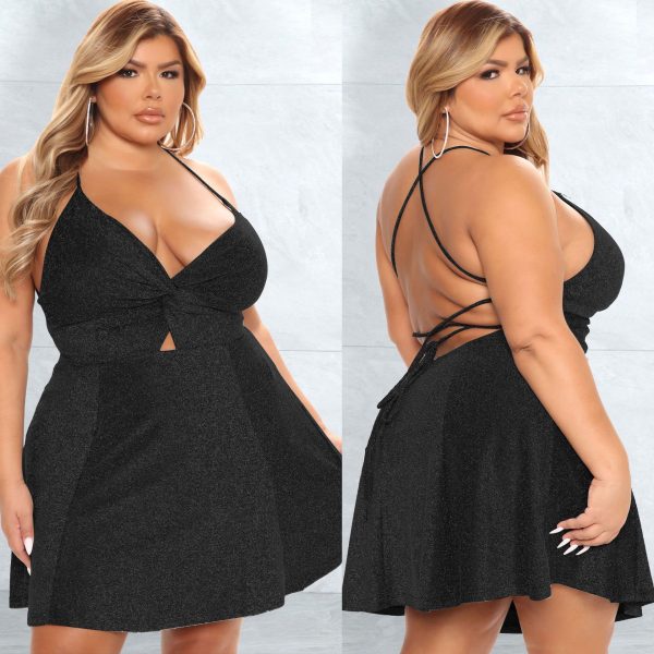 Plus Size Women Clothing  Sexy Strap Dress Lace-up Backless Silver String Short Dress Women