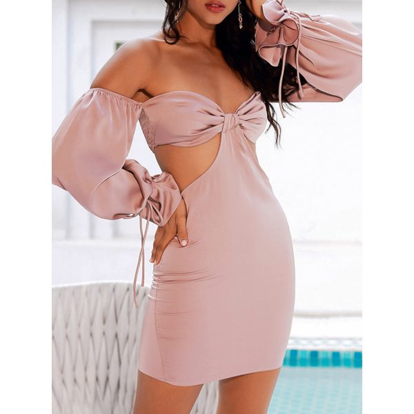 Sexy off the Shoulder Hollow Out Cutout Apricot Long Sleeve Mini Dress