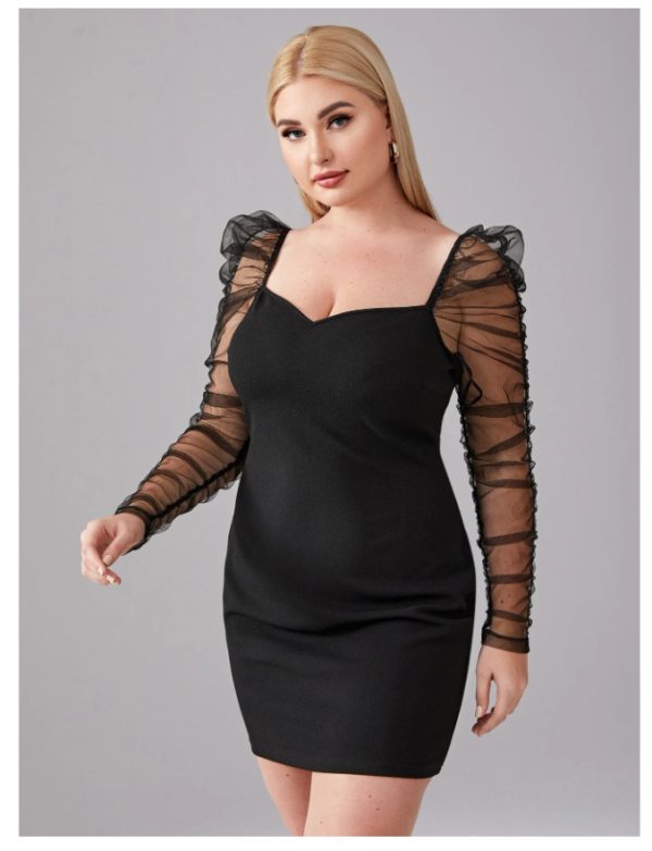 Plus Size Autumn Winter    Women Clothing Personality Sheath Mesh Long Sleeve Dress