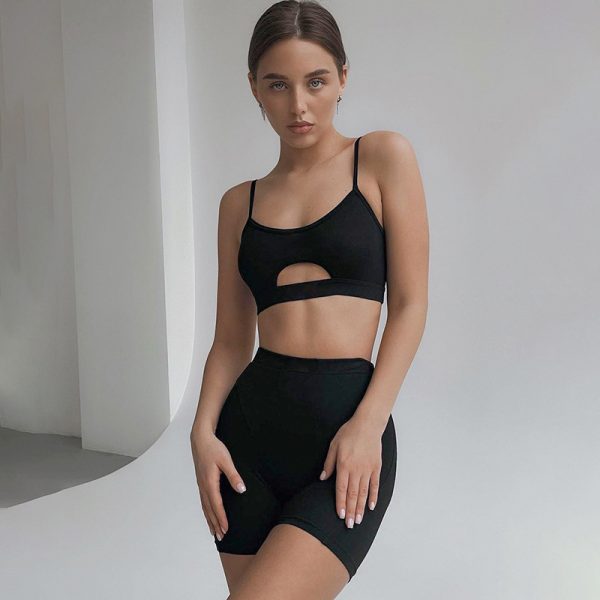 Summer Women Clothing Basic Solid Color Hollow Out Cutout Shoulder Straps Bare Cropped High Waist Boxers Sports Two Piece Set