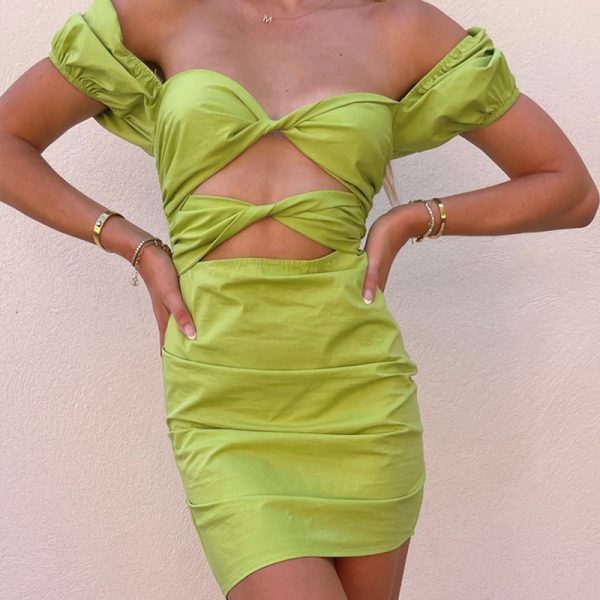 Women Clothing Sexy Hollow Out Cutout off Shoulder Short Sleeve Slim Fit Sheath Dress Women